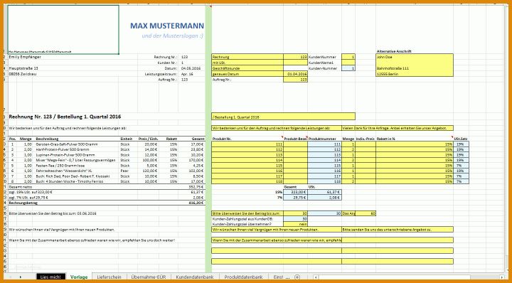 Vorlage Tabelle Excel Excel Vorlage Erstellung Angebot Rechnung Produktdatenbank Kundendatenbank